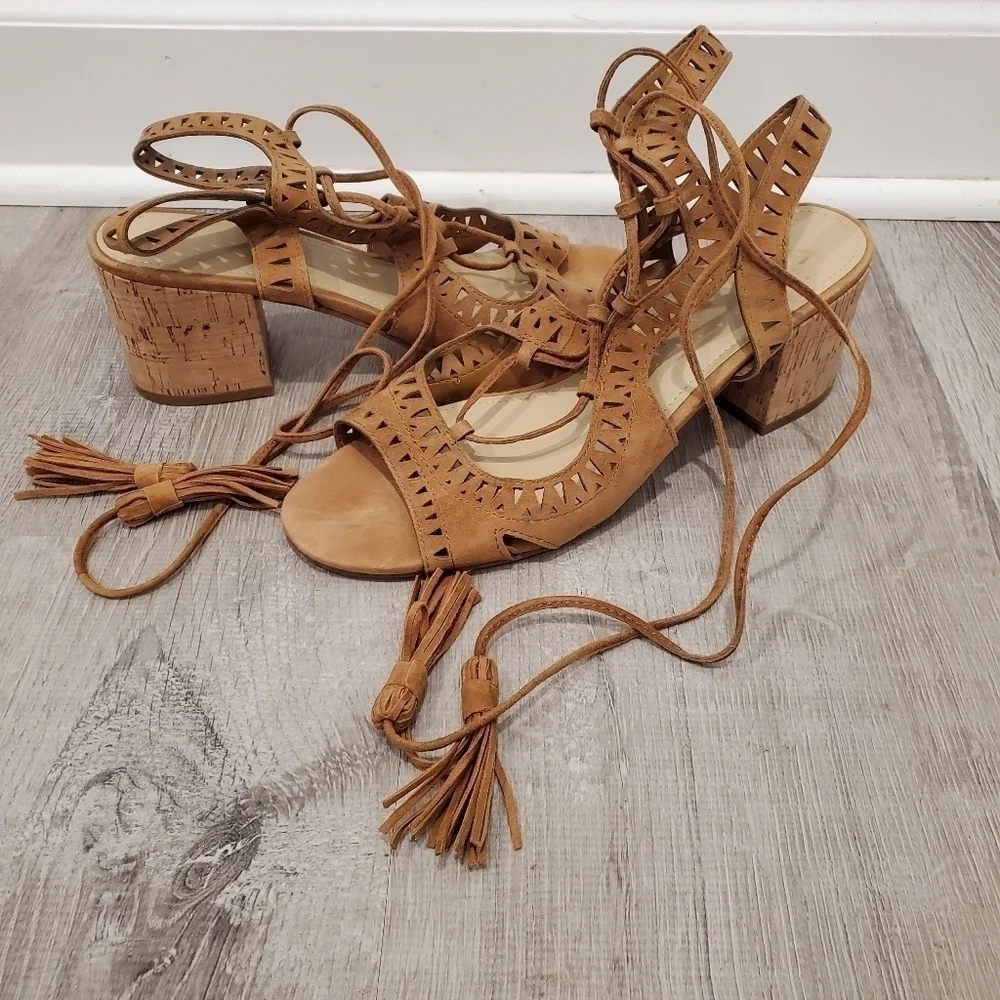 Marc Fisher Remone Brown Suede Perforated Lace-up Sandals